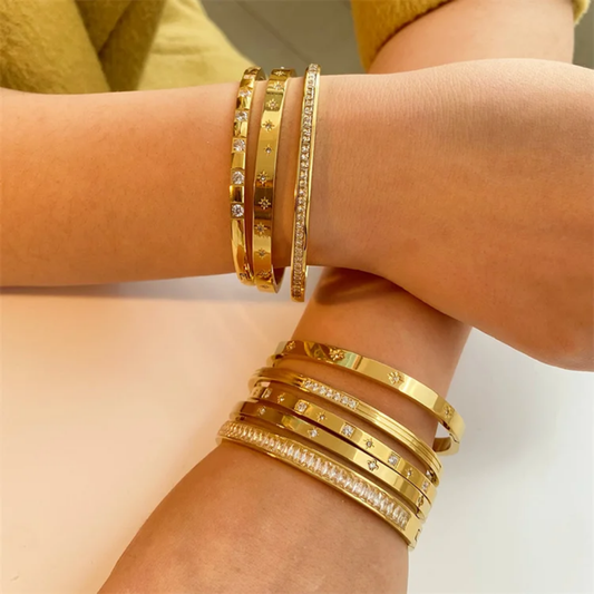 Elegant 18K Gold Stainless Steel Bracelets with Zircon Row Diamond Accents